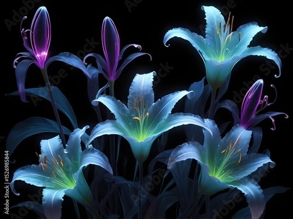 Fototapeta Ethereal glowing lilies with translucent petals in vibrant purple, blue, green, and pink hues, softly radiating bioluminescent light on a dark background, mystical and enchanting floral art.