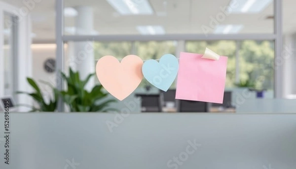 Fototapeta Colorful sticky notes shaped like hearts displayed on glass office partition for Valentine's Day