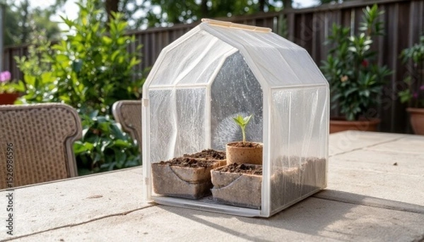 Fototapeta Small greenhouse with open door showcasing young plant on table in garden setting