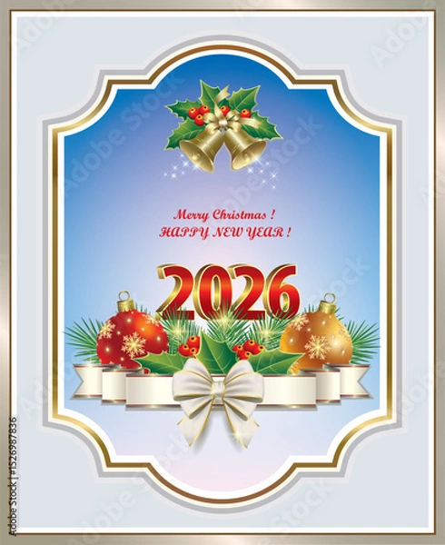 Obraz Happy New Year 2026. Greeting card with the date 2026 on blue background with bells in figured frame. Festive decoration with balls on fir branches, ribbon and bow. Vector illustration