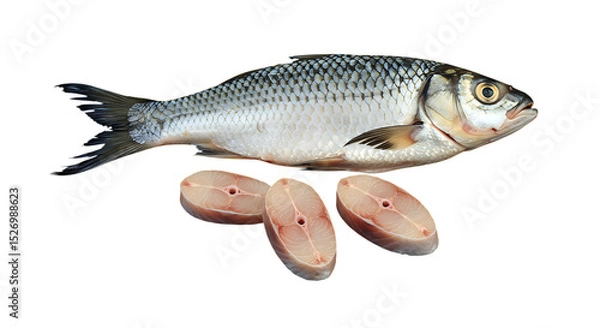 Fototapeta  fresh whole rohu carp fish with raw steaks - healthy seafood isolated on transparent background