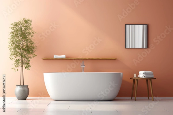 Fototapeta Minimalistic modern bathroom  in  color of Peach - contemporary interior design in daylight