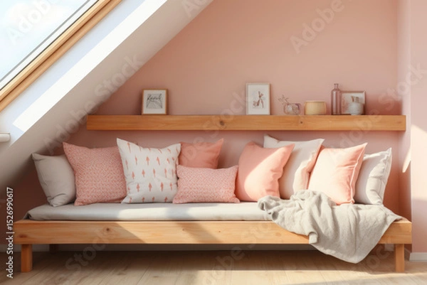 Fototapeta Minimalist modern room interior in peach-pink pastel color scheme illuminated by natural daylight