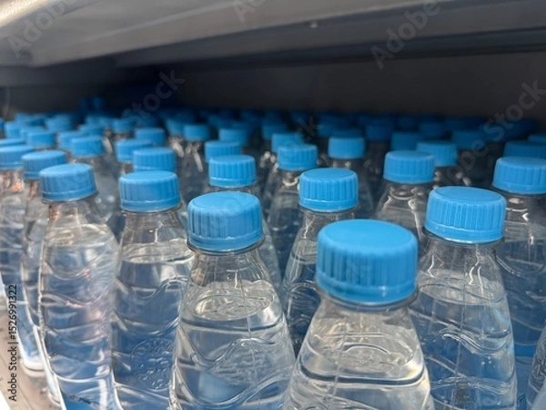 Fototapeta row of clear plastic water bottles with blue caps neatly aligned on a store shelf