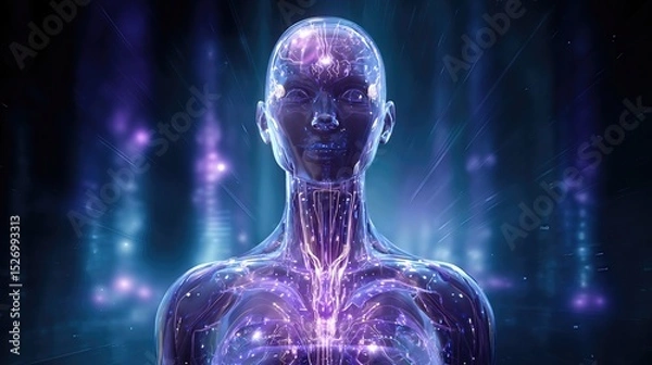 Fototapeta Glowing translucent humanoid figure with illuminated neural pathways in a dark digital environment futuristic