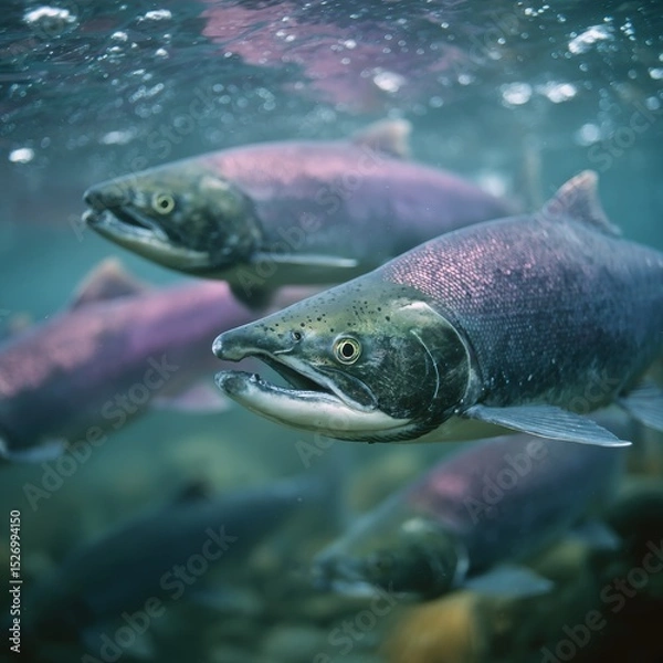 Fototapeta Close-up view of two salmon swimming underwater, their scales shimmering in the light. Other salmon are visible in the background.