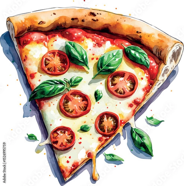Obraz Italian pizza slice watercolor vector. Tasty food with melted cheese and artistic texture.