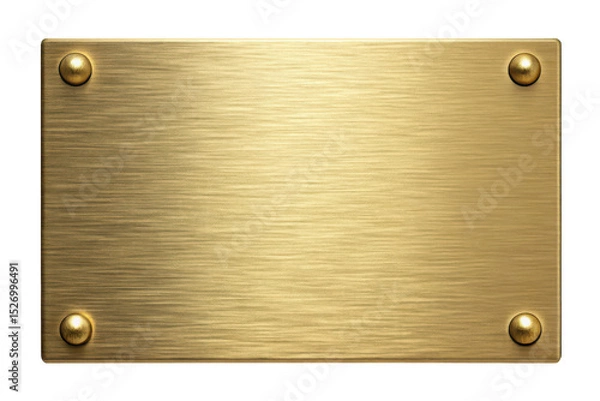 Fototapeta A brushed gold plaque, isolated on transparent background, secured with four small golden studs