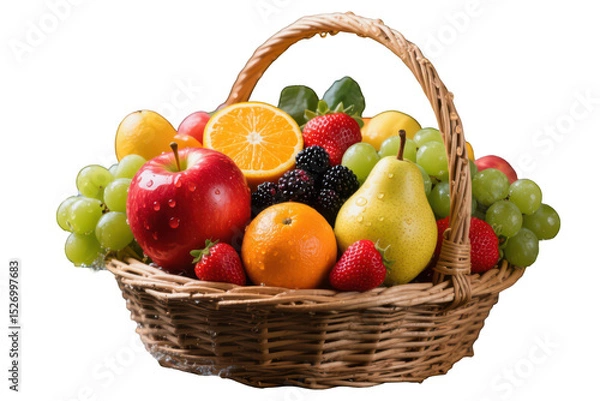 Fototapeta A vibrant fruit basket overflowing with juicy apples, oranges, pears, strawberries, and grapes, isolated on transparent background