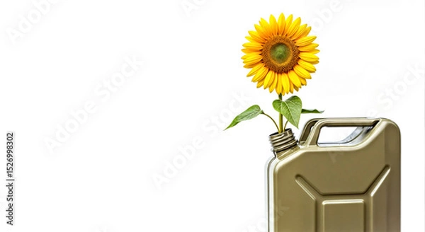Fototapeta Opened Fuel Jerrycan Canister with Sunflower Growing out on White Empty Background, Biofuel and Biodiesel Concept 