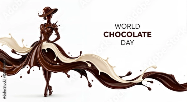 Fototapeta Beautiful Silhouette of Woman Wearing Hat and Dress from Chocolate Splashes with World Chocolate Day Text on Empty White Background