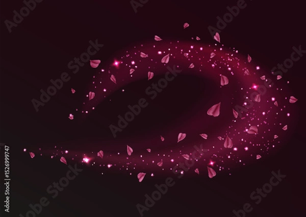 Fototapeta Pink fresh air or wind effect with leaves on transparent background. Vector realistic illustration with sparkling particles, sakura petals, romantic vortex, spring leaves