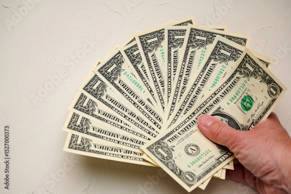 Fototapeta Hand holding various denominations of United States currency arranged fanned out against a light background