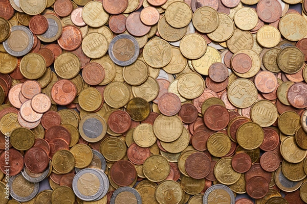 Fototapeta Variety of coins scattered on a surface showing different denominations and colors from various currencies across the world