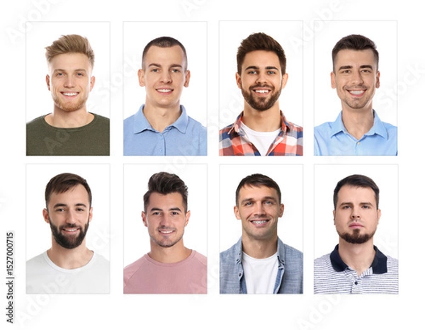 Obraz Photos of different men for passport or other identification document on white background, set
