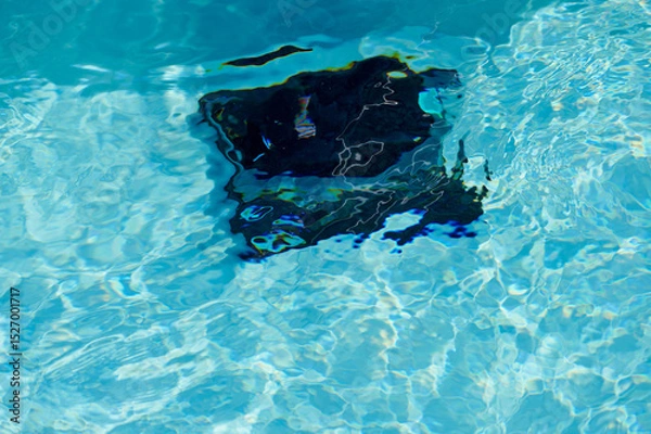 Fototapeta Robotic pool cleaner operates in clear blue water during sunny afternoon by the backyard pool
