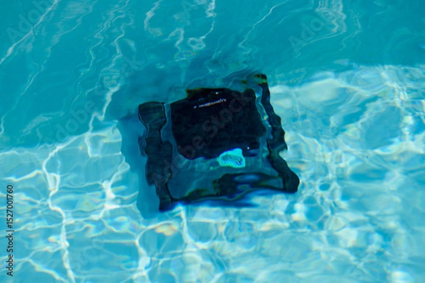 Fototapeta Robotic pool cleaner operates in clear blue water during sunny afternoon by the backyard pool