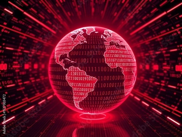 Fototapeta Glowing futuristic globe with binary code and digital data overlay, symbolizing technological interconnectedness and global communication in a digital networked world