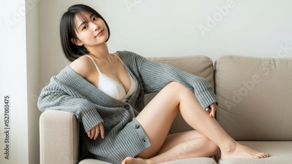 Obraz ソファで微笑む下着姿の日本人女性モデル