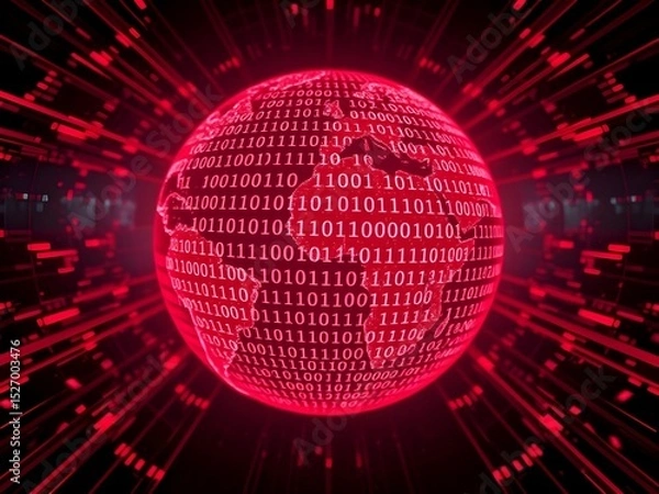 Fototapeta Glowing futuristic globe with binary code and digital data overlay, symbolizing technological interconnectedness and global communication in a digital networked world