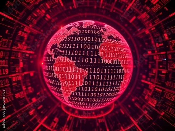 Fototapeta Glowing futuristic globe with binary code and digital data overlay, symbolizing technological interconnectedness and global communication in a digital networked world