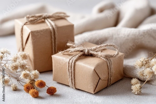 Obraz Two kraft paper gift boxes with jute string and dried flowers