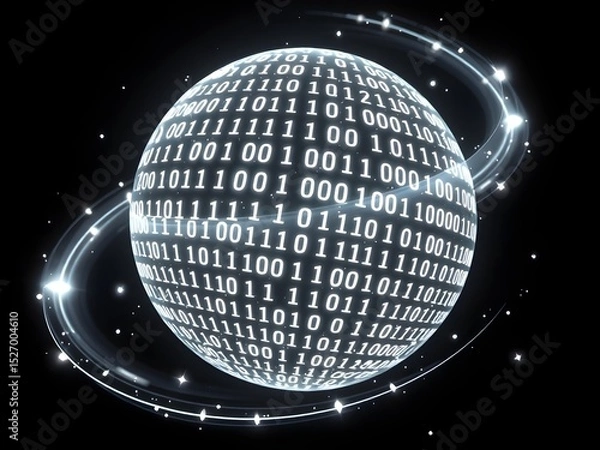 Fototapeta Glowing futuristic globe with binary code and digital data overlay, symbolizing technological interconnectedness and global communication in a digital networked world