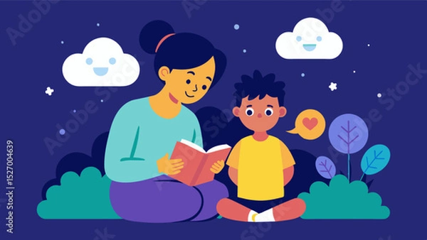 Fototapeta An illustration of a parent and child bonding over a story in an interactive storytelling app highlighting the positive impact of shared experiences on brain development and social. Vector
