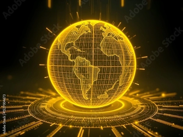 Fototapeta Glowing futuristic globe with binary code and digital data overlay, symbolizing technological interconnectedness and global communication in a digital networked world
