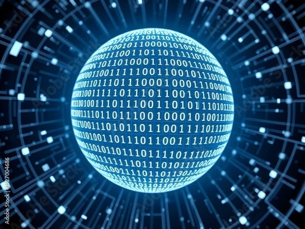 Fototapeta Glowing futuristic globe with binary code and digital data overlay, symbolizing technological interconnectedness and global communication in a digital networked world