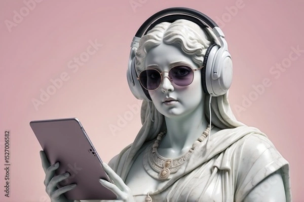 Obraz Modern art sculpture of a classical figure wearing headphones and sunglasses, engaged with a tablet device indoors