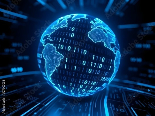Fototapeta Glowing futuristic globe with binary code and digital data overlay, symbolizing technological interconnectedness and global communication in a digital networked world