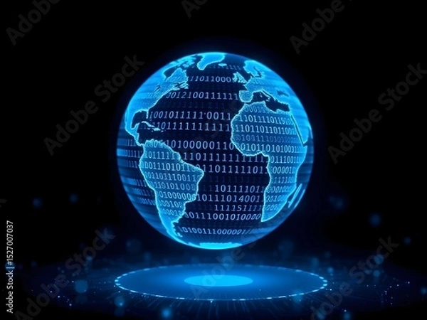 Fototapeta Glowing futuristic globe with binary code and digital data overlay, symbolizing technological interconnectedness and global communication in a digital networked world