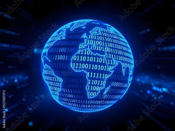 Fototapeta Glowing futuristic globe with binary code and digital data overlay, symbolizing technological interconnectedness and global communication in a digital networked world