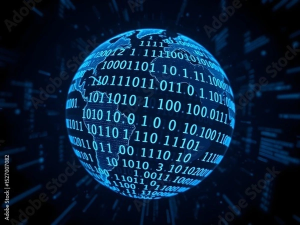 Fototapeta Glowing futuristic globe with binary code and digital data overlay, symbolizing technological interconnectedness and global communication in a digital networked world