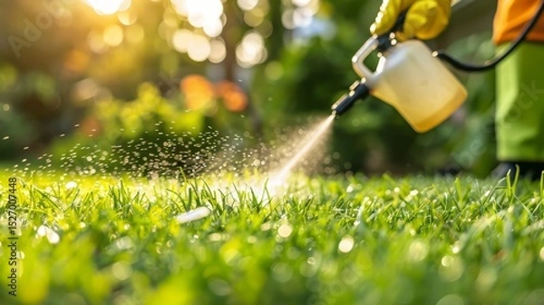 Obraz Worker applying pest control solution on vibrant green lawn for effective pest management strategy