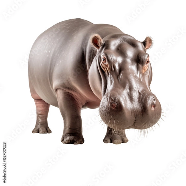 Obraz A large, grey hippopotamus with a big mouth. The elephant is standing on a white background. The elephant has a very serious expression on its face