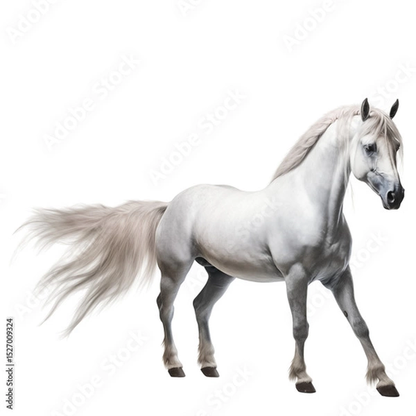 Obraz A white horse with long hair is walking on a white background