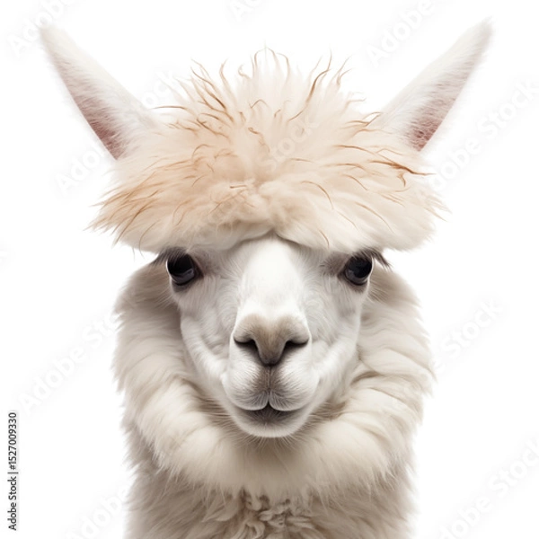Obraz A white llama with a fluffy white hat on its head