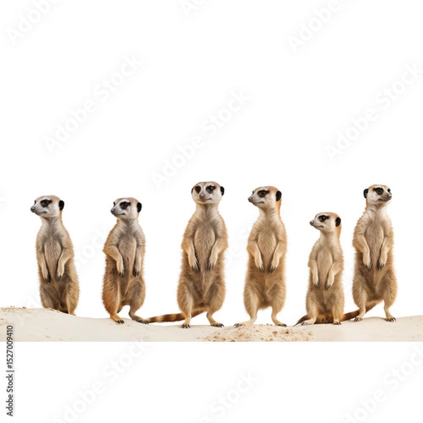 Obraz A group of six meerkats standing on a white background