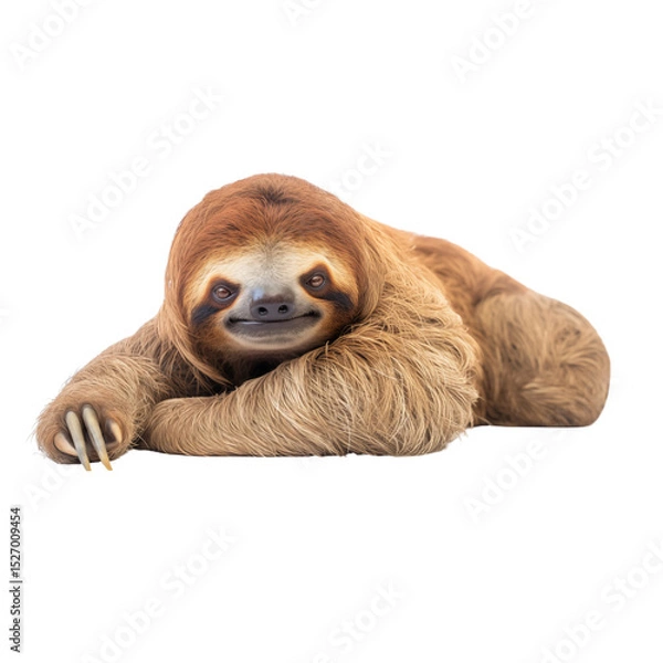 Obraz A brown and white sloth is laying on its back with its head up