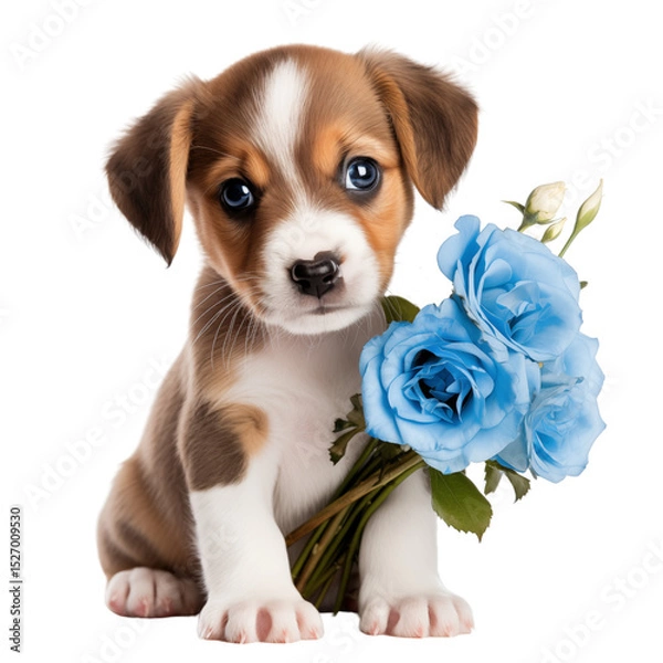 Obraz A cute brown and white puppy holding a bouquet of blue flowers