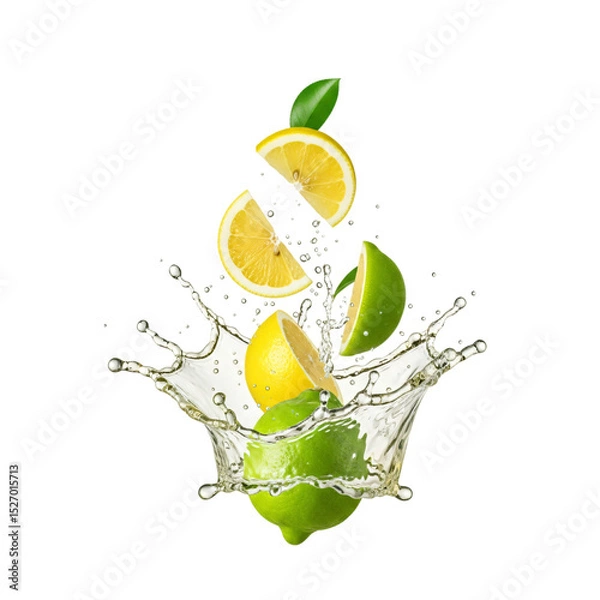 Fototapeta Falling whole and sliced lemon and lime fruits with healthy clear water splash and drops on transparent background.