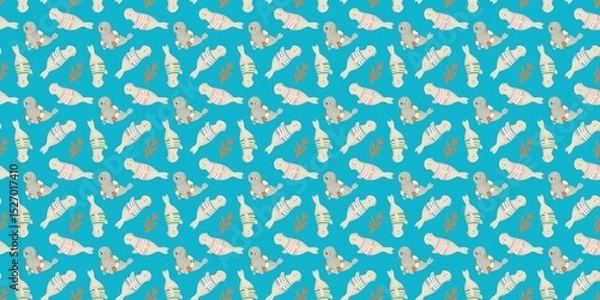 Fototapeta Seamless ocean pattern with cute seals in swimsuits and coral branches on blue background