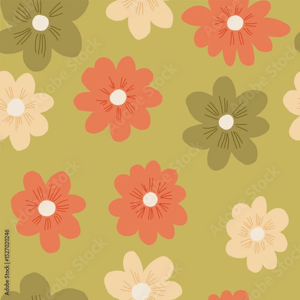 Fototapeta Vector simple colorful daisies on green background seamless pattern illustration. Cute minimalistic boho flat style illustration for textile, home decor, stationary, social media