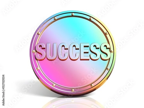 Fototapeta Rainbow-colored coin with bold metallic "SUCCESS" inscription symbolizing achievement, positivity, motivation, and vibrant personal growth
