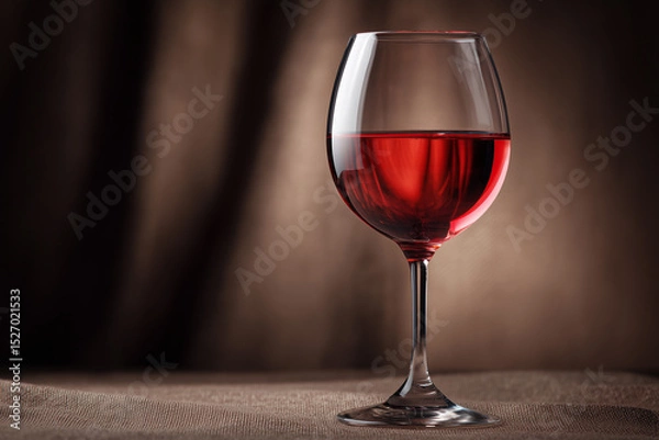 Fototapeta Red wine glass on fabric background with soft lighting