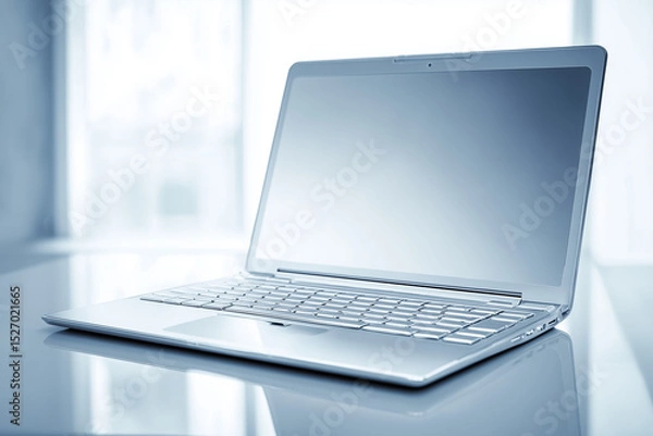 Fototapeta Laptop on white desk by window in bright office