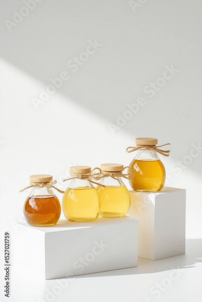 Fototapeta Organic honey displayed in elegant glass jars with eco-friendly packaging. Minimalist setting emphasizes product quality and sustainability. Concept of health food, organic goods, wellness