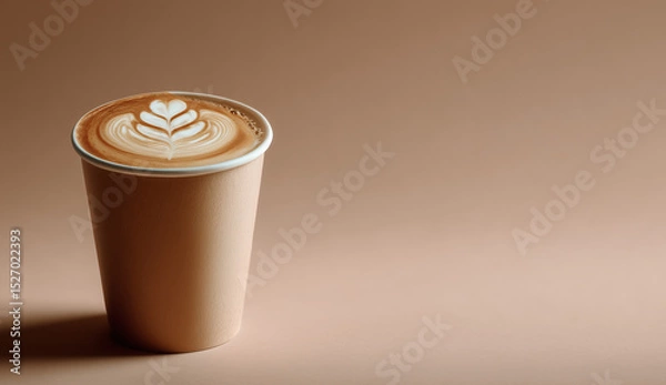 Fototapeta Paper coffee cup with latte art on beige background